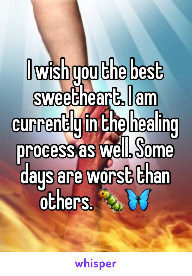 I wish you the best sweetheart. I am currently in the healing process as well. Some days are worst than others. 🐛🦋