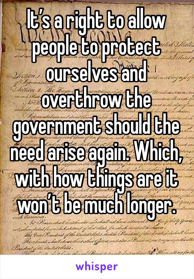 It’s a right to allow people to protect ourselves and overthrow the government should the need arise again. Which, with how things are it won’t be much longer. 