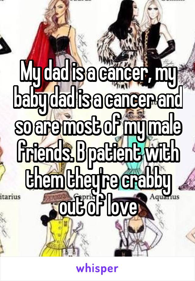 My dad is a cancer, my baby dad is a cancer and so are most of my male friends. B patient with them they're crabby out of love