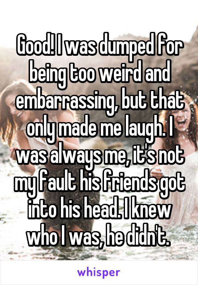 Good! I was dumped for being too weird and embarrassing, but that only made me laugh. I was always me, it's not my fault his friends got into his head. I knew who I was, he didn't. 