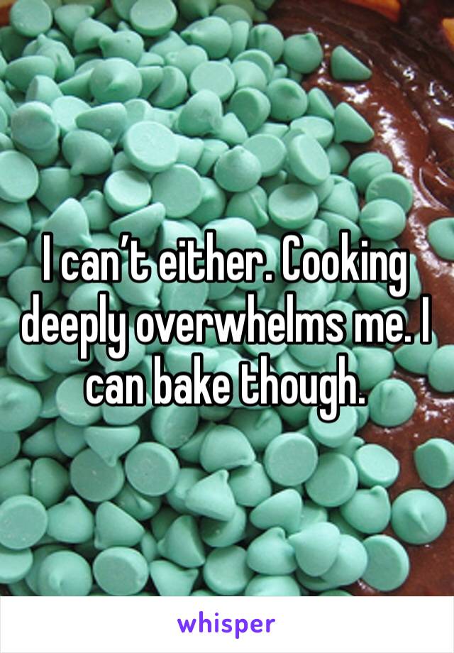 I can’t either. Cooking deeply overwhelms me. I can bake though.