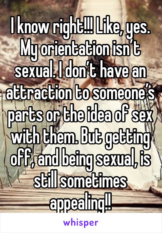 I know right!!! Like, yes. My orientation isn’t sexual. I don’t have an attraction to someone’s parts or the idea of sex with them. But getting off, and being sexual, is still sometimes appealing!!