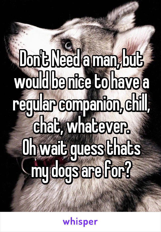 Don't Need a man, but would be nice to have a regular companion, chill, chat, whatever.
Oh wait guess thats my dogs are for?