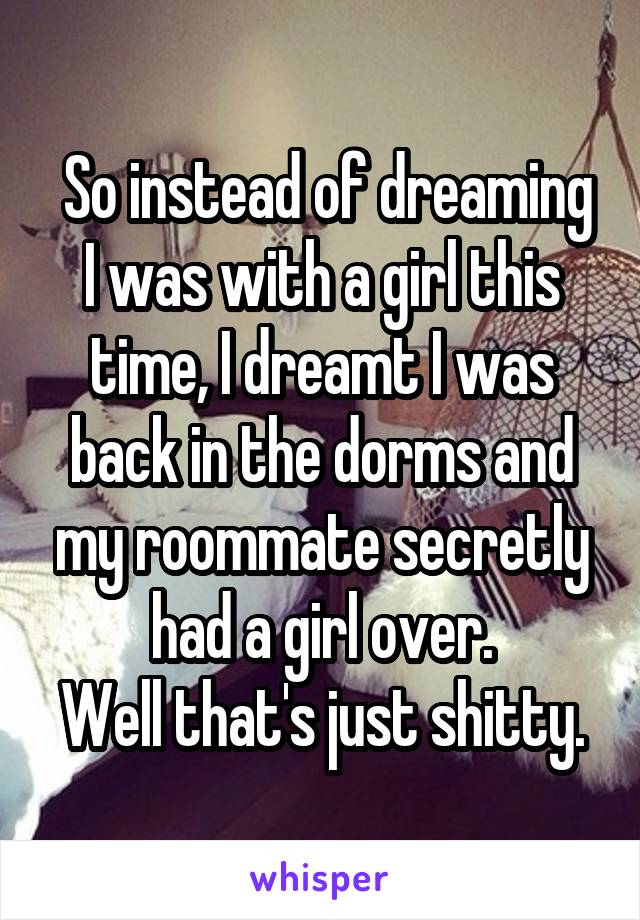  So instead of dreaming I was with a girl this time, I dreamt I was back in the dorms and my roommate secretly had a girl over.
Well that's just shitty.