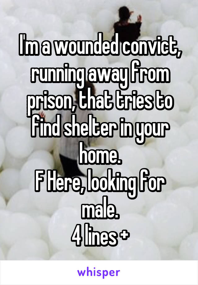 I'm a wounded convict, running away from prison, that tries to find shelter in your home.
F Here, looking for male.
4 lines +