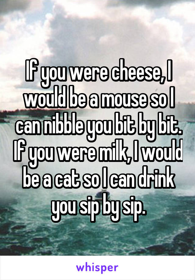 If you were cheese, I would be a mouse so I can nibble you bit by bit. If you were milk, I would be a cat so I can drink you sip by sip.