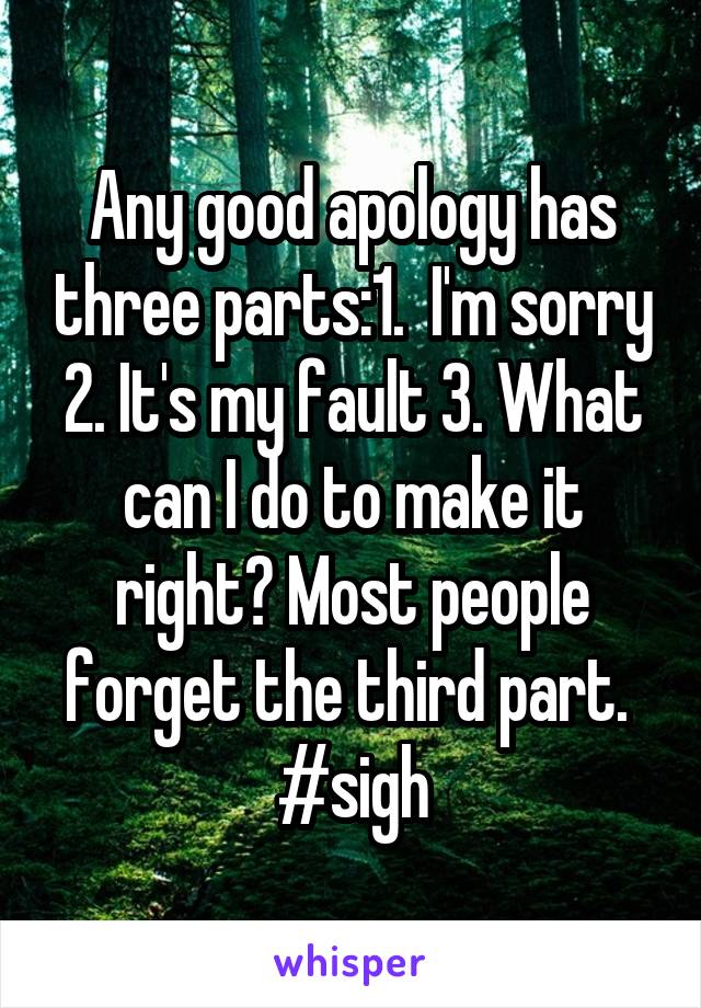 Any good apology has three parts:1.  I'm sorry 2. It's my fault 3. What can I do to make it right? Most people forget the third part. 
#sigh