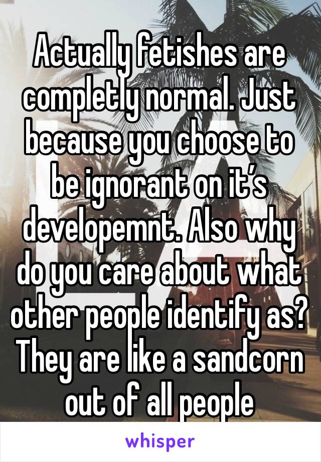 Actually fetishes are completly normal. Just because you choose to be ignorant on it’s developemnt. Also why do you care about what other people identify as? They are like a sandcorn out of all people