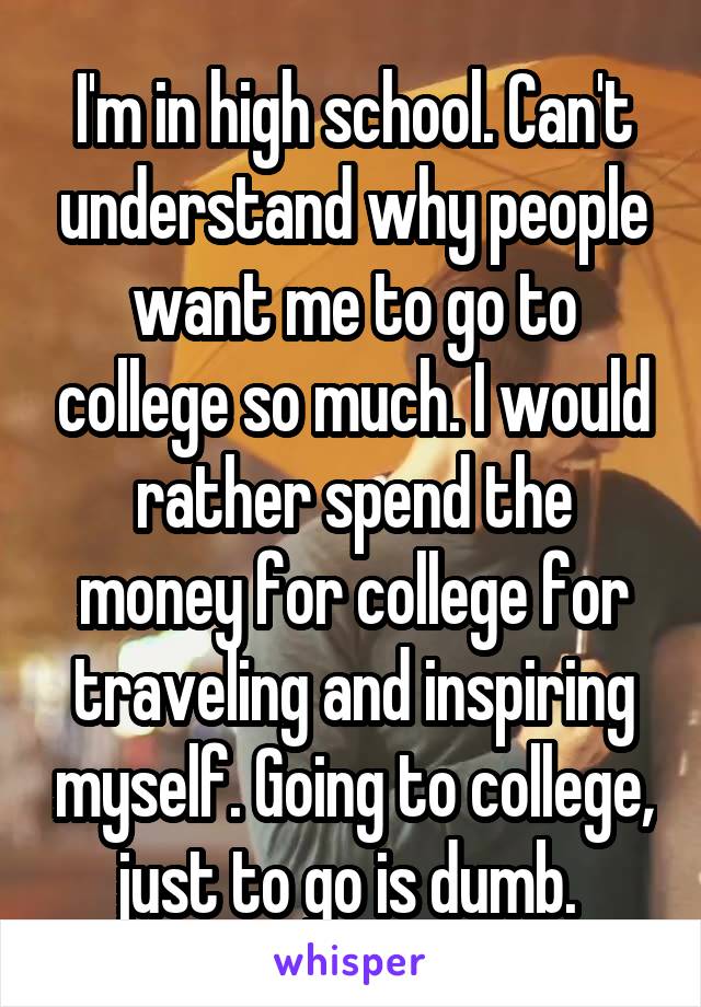 I'm in high school. Can't understand why people want me to go to college so much. I would rather spend the money for college for traveling and inspiring myself. Going to college, just to go is dumb. 