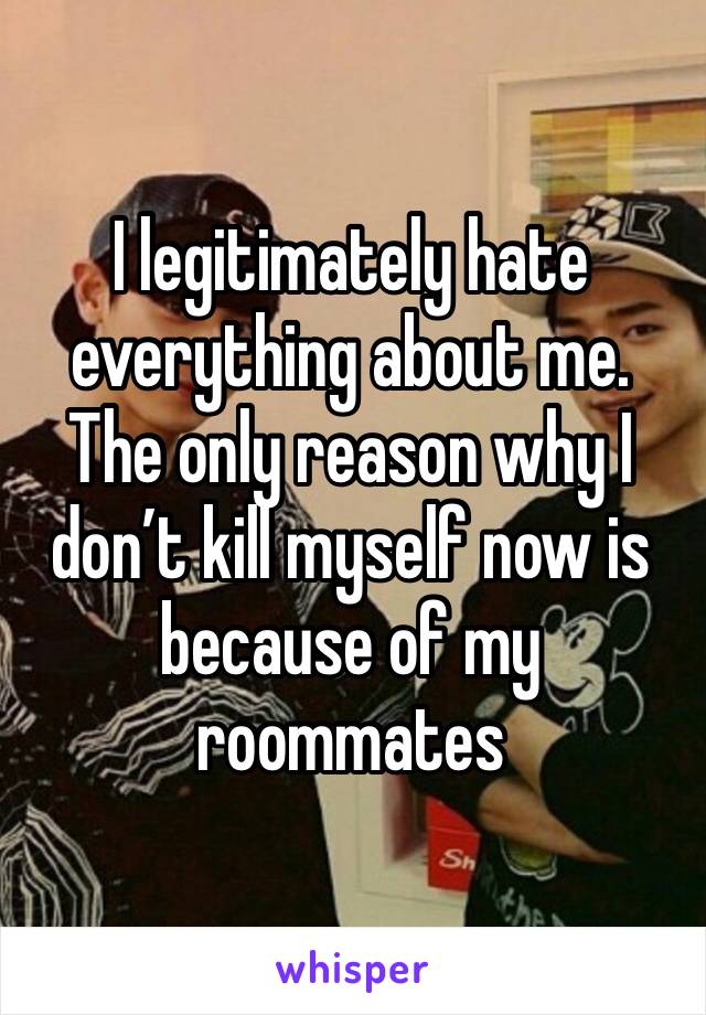 I legitimately hate everything about me. The only reason why I don’t kill myself now is because of my roommates 