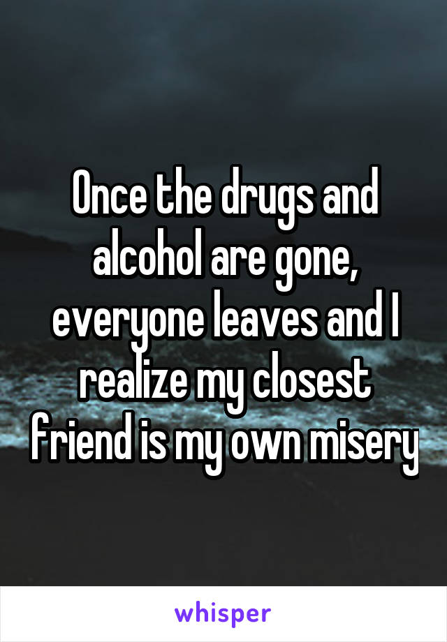 Once the drugs and alcohol are gone, everyone leaves and I realize my closest friend is my own misery