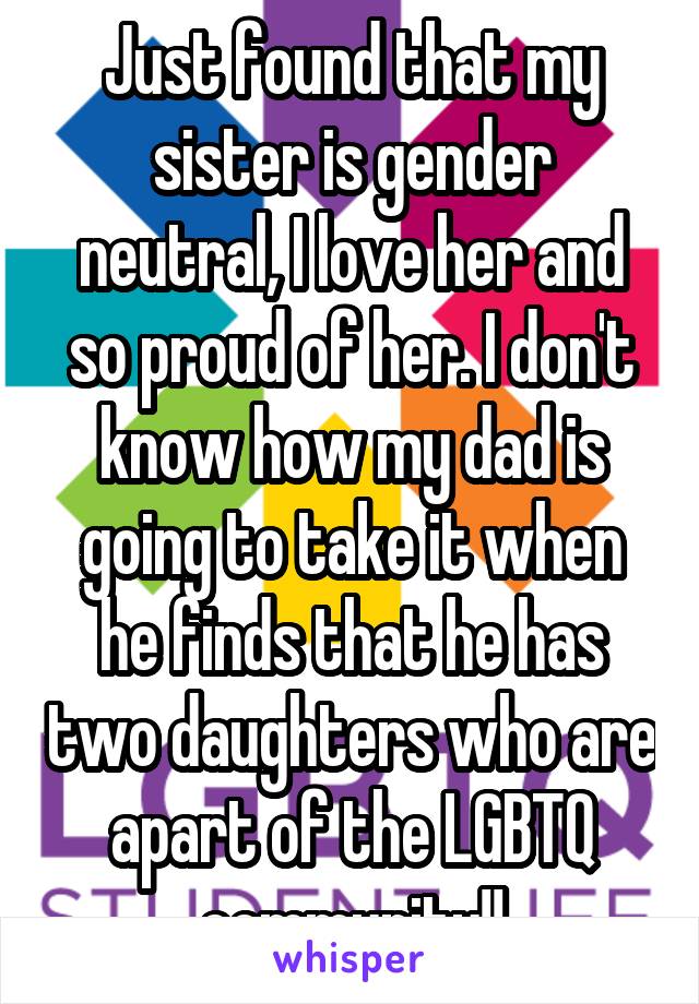 Just found that my sister is gender neutral, I love her and so proud of her. I don't know how my dad is going to take it when he finds that he has two daughters who are apart of the LGBTQ community!!