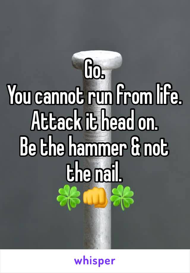 Go.
You cannot run from life.
Attack it head on.
Be the hammer & not the nail. 
🍀👊🍀