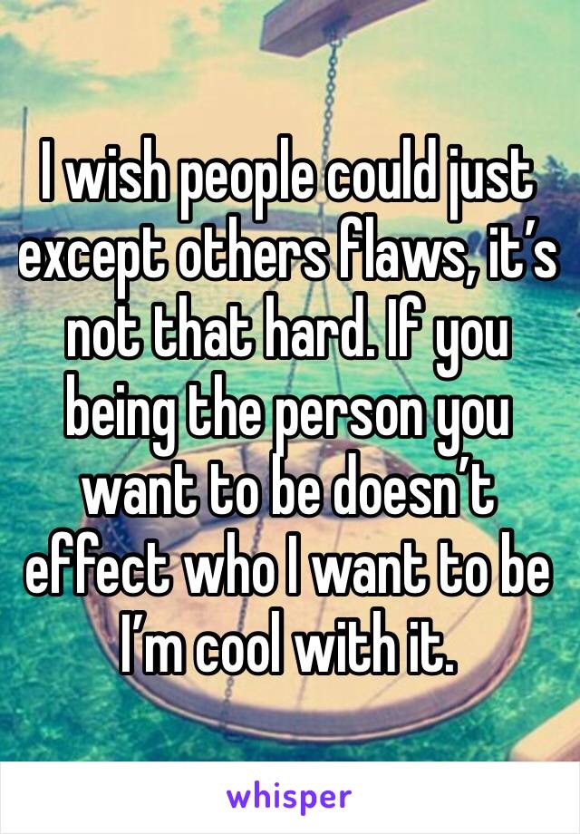 I wish people could just except others flaws, it’s not that hard. If you being the person you want to be doesn’t effect who I want to be I’m cool with it.
