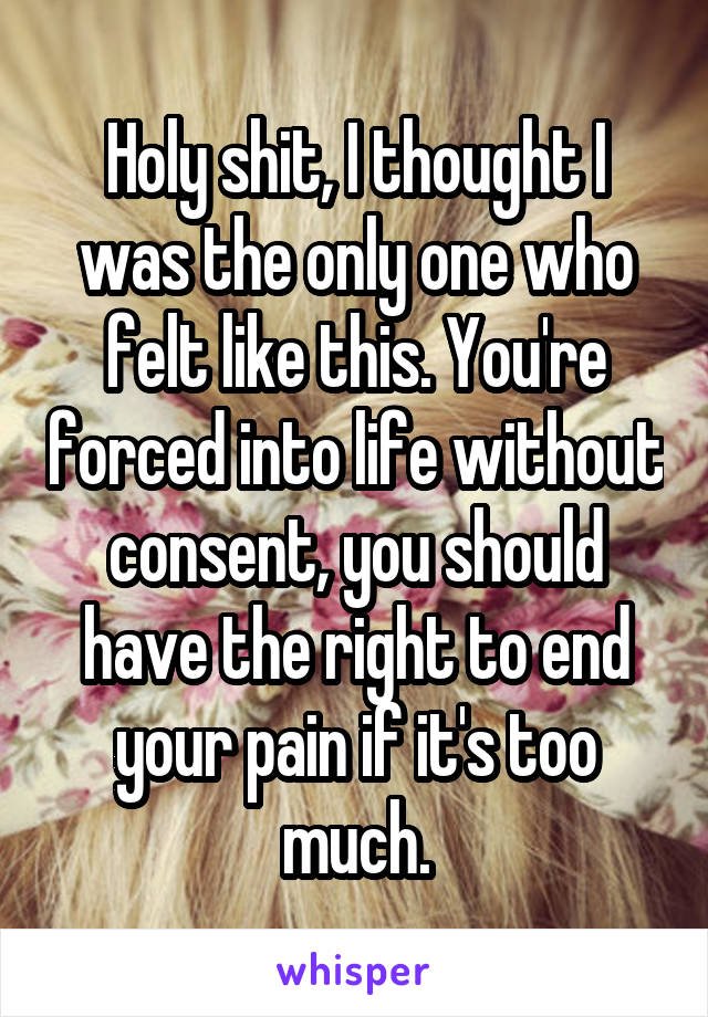 Holy shit, I thought I was the only one who felt like this. You're forced into life without consent, you should have the right to end your pain if it's too much.