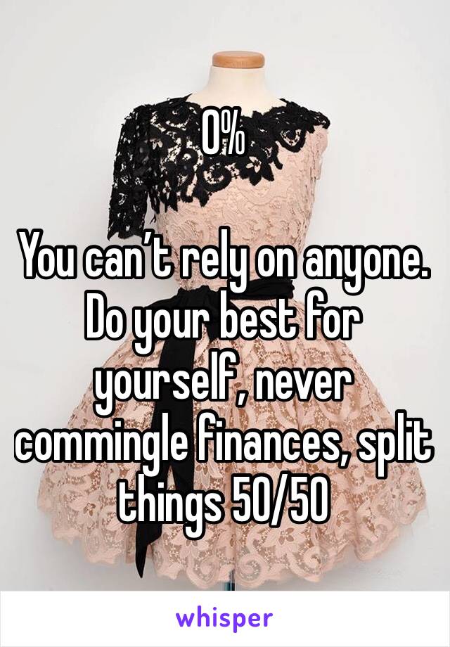 0%

You can’t rely on anyone. 
Do your best for yourself, never commingle finances, split things 50/50