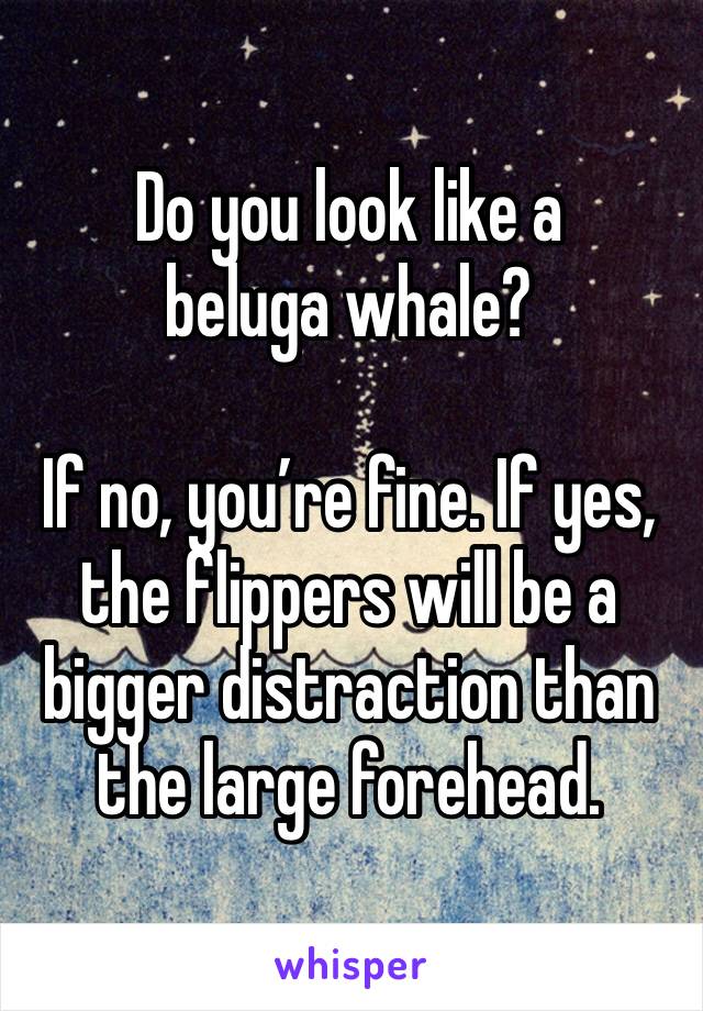 Do you look like a beluga whale?

If no, you’re fine. If yes, the flippers will be a bigger distraction than the large forehead.