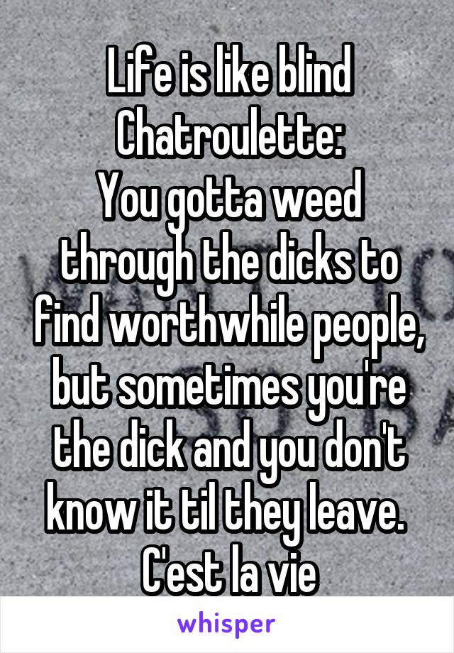 Life is like blind Chatroulette:
You gotta weed through the dicks to find worthwhile people, but sometimes you're the dick and you don't know it til they leave.  C'est la vie