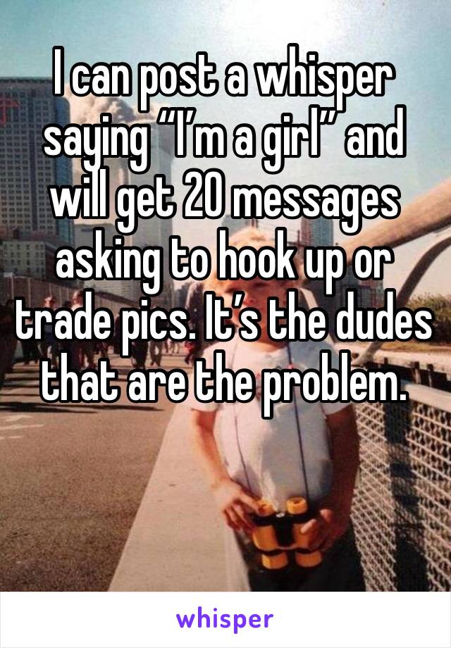 I can post a whisper saying “I’m a girl” and will get 20 messages asking to hook up or trade pics. It’s the dudes that are the problem.