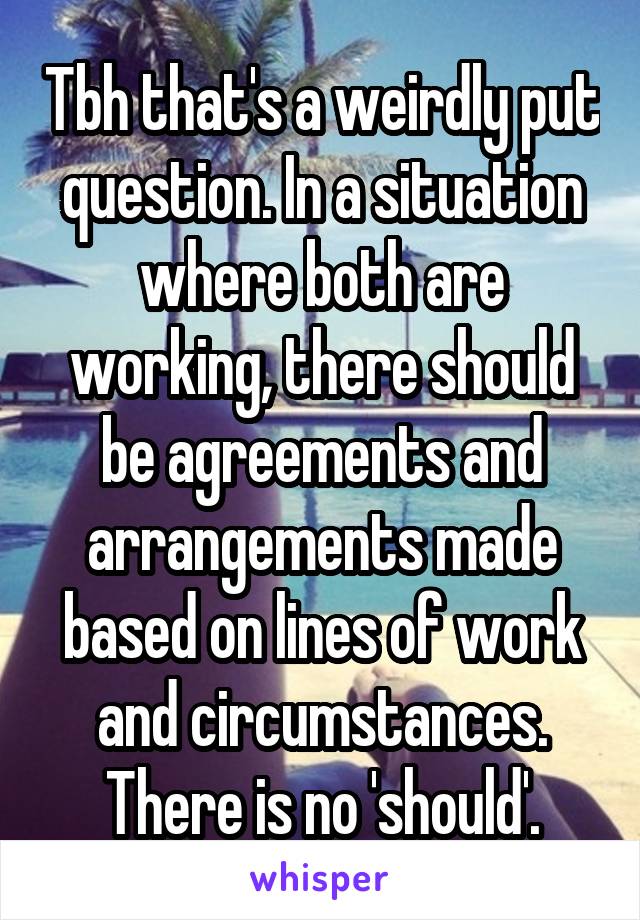 Tbh that's a weirdly put question. In a situation where both are working, there should be agreements and arrangements made based on lines of work and circumstances. There is no 'should'.