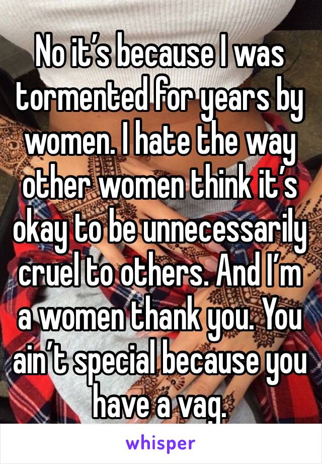 No it’s because I was tormented for years by women. I hate the way other women think it’s okay to be unnecessarily cruel to others. And I’m a women thank you. You ain’t special because you have a vag.