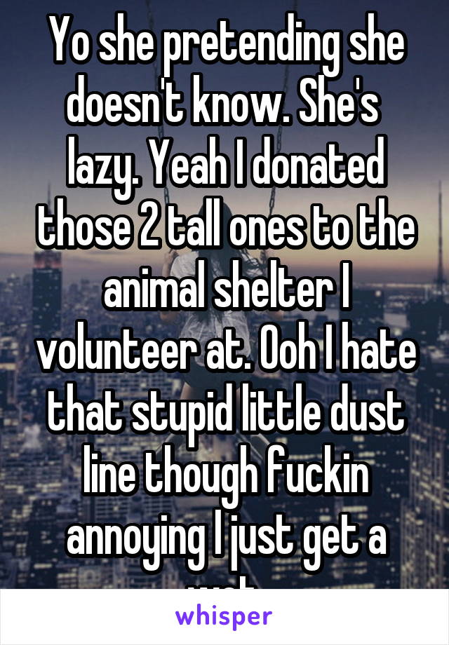 Yo she pretending she doesn't know. She's  lazy. Yeah I donated those 2 tall ones to the animal shelter I volunteer at. Ooh I hate that stupid little dust line though fuckin annoying I just get a wet 