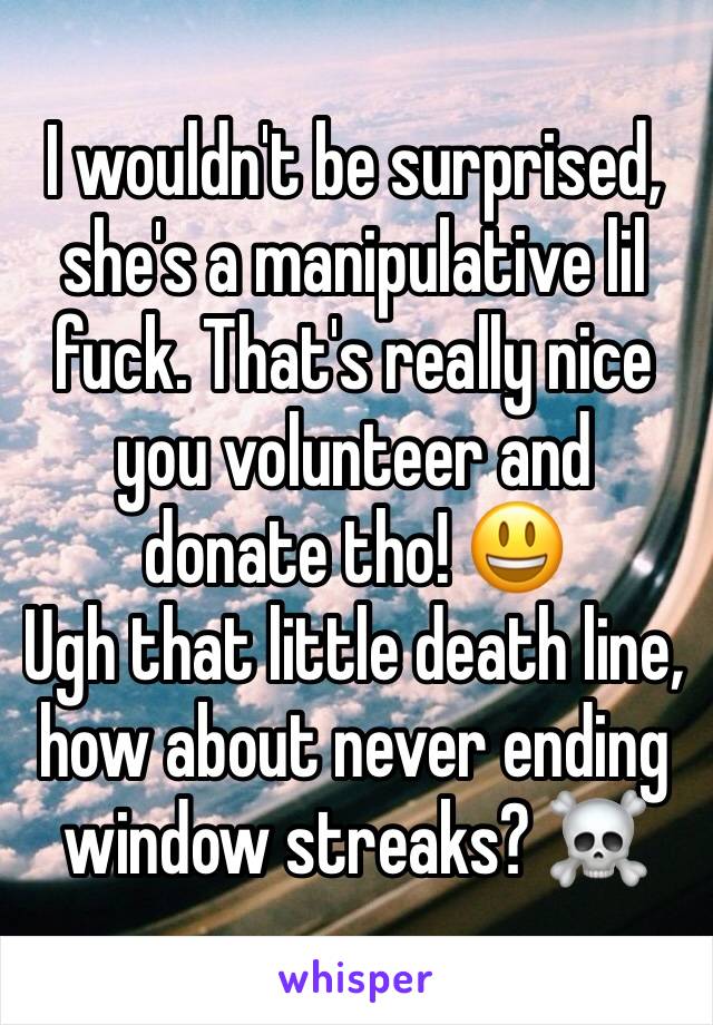 I wouldn't be surprised, she's a manipulative lil fuck. That's really nice you volunteer and donate tho! 😃
Ugh that little death line, how about never ending window streaks? ☠️