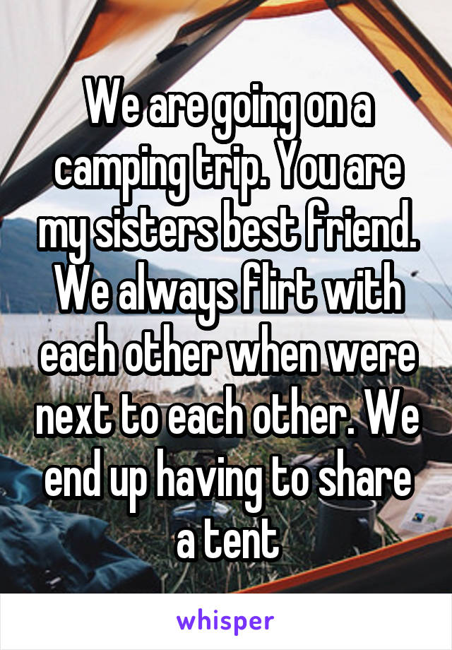 We are going on a camping trip. You are my sisters best friend. We always flirt with each other when were next to each other. We end up having to share a tent