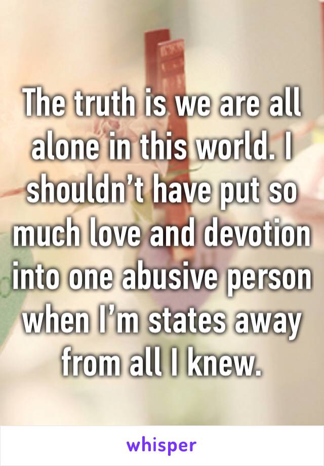 The truth is we are all alone in this world. I shouldn’t have put so much love and devotion into one abusive person when I’m states away from all I knew. 