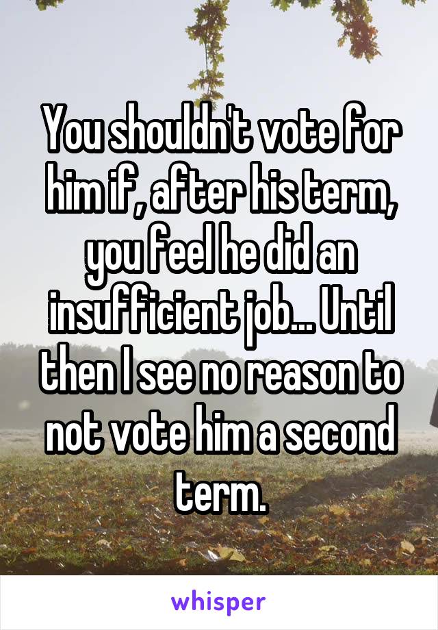 You shouldn't vote for him if, after his term, you feel he did an insufficient job... Until then I see no reason to not vote him a second term.