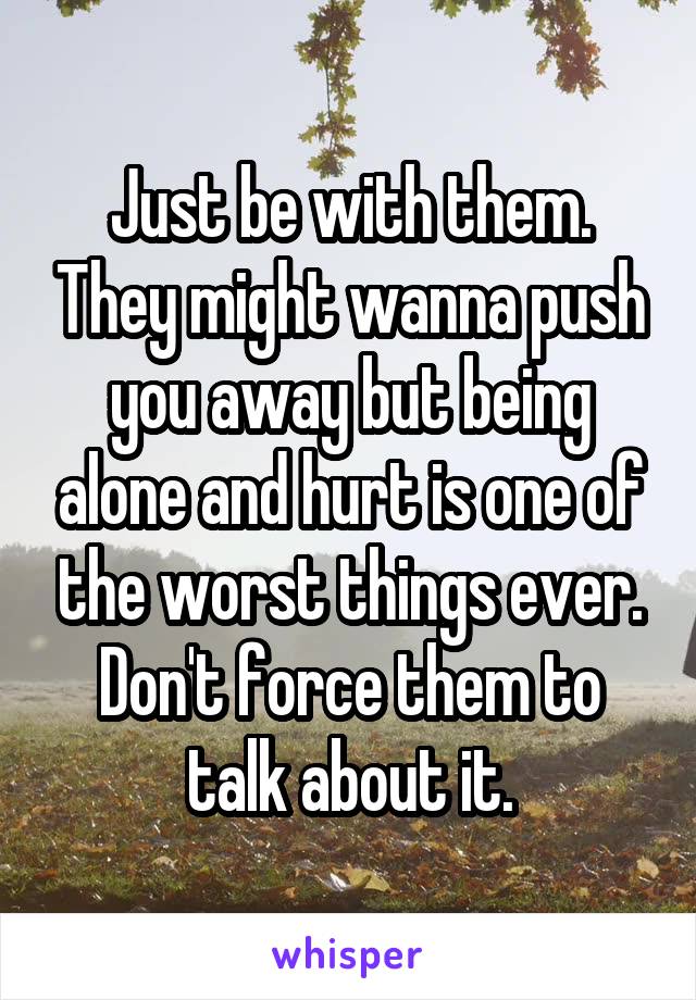 Just be with them. They might wanna push you away but being alone and hurt is one of the worst things ever.
Don't force them to talk about it.