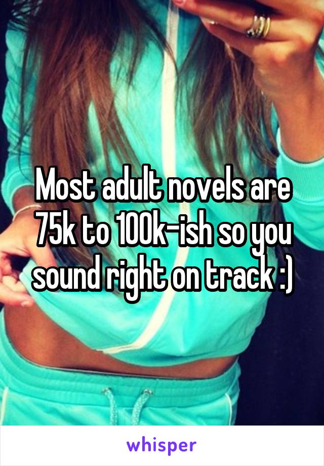 Most adult novels are 75k to 100k-ish so you sound right on track :)