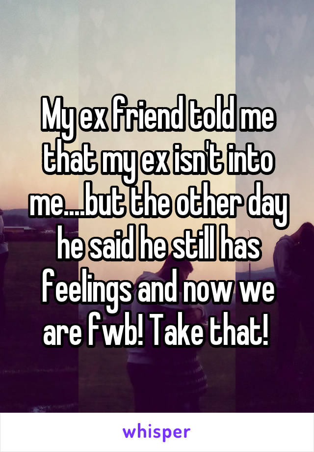 My ex friend told me that my ex isn't into me....but the other day he said he still has feelings and now we are fwb! Take that! 