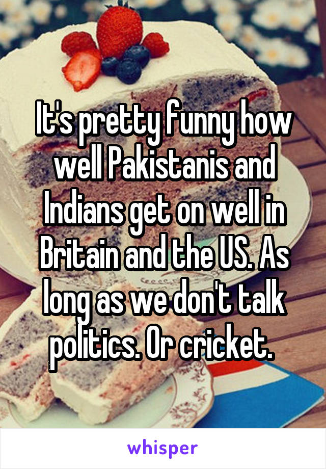 It's pretty funny how well Pakistanis and Indians get on well in Britain and the US. As long as we don't talk politics. Or cricket. 