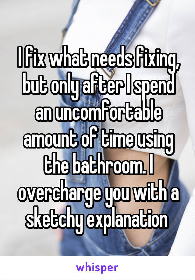 I fix what needs fixing, but only after I spend an uncomfortable amount of time using the bathroom. I overcharge you with a sketchy explanation 