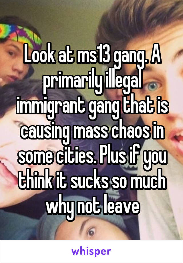 Look at ms13 gang. A primarily illegal immigrant gang that is causing mass chaos in some cities. Plus if you think it sucks so much why not leave