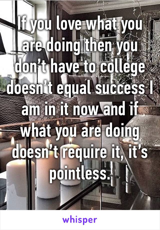 If you love what you are doing then you don’t have to college doesn’t equal success I am in it now and if what you are doing doesn’t require it, it’s pointless.