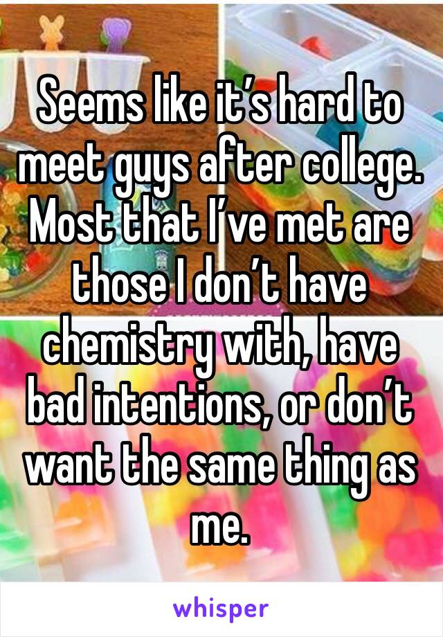 Seems like it’s hard to meet guys after college.   Most that I’ve met are those I don’t have chemistry with, have bad intentions, or don’t want the same thing as me.  