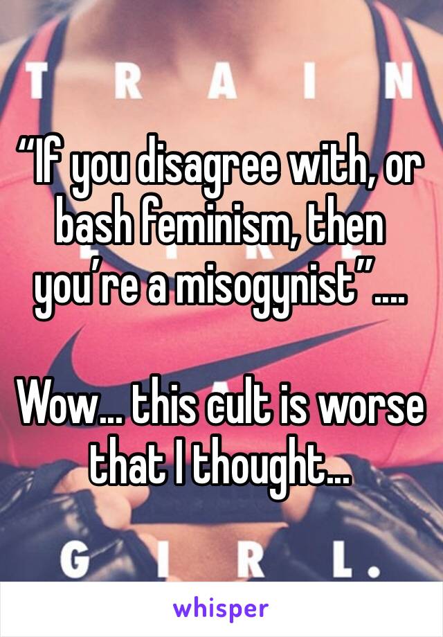 “If you disagree with, or bash feminism, then you’re a misogynist”....

Wow... this cult is worse that I thought...