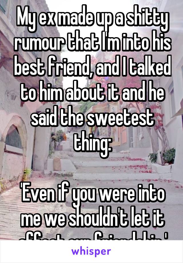 My ex made up a shitty rumour that I'm into his best friend, and I talked to him about it and he said the sweetest thing:

'Even if you were into me we shouldn't let it affect our friendship.'