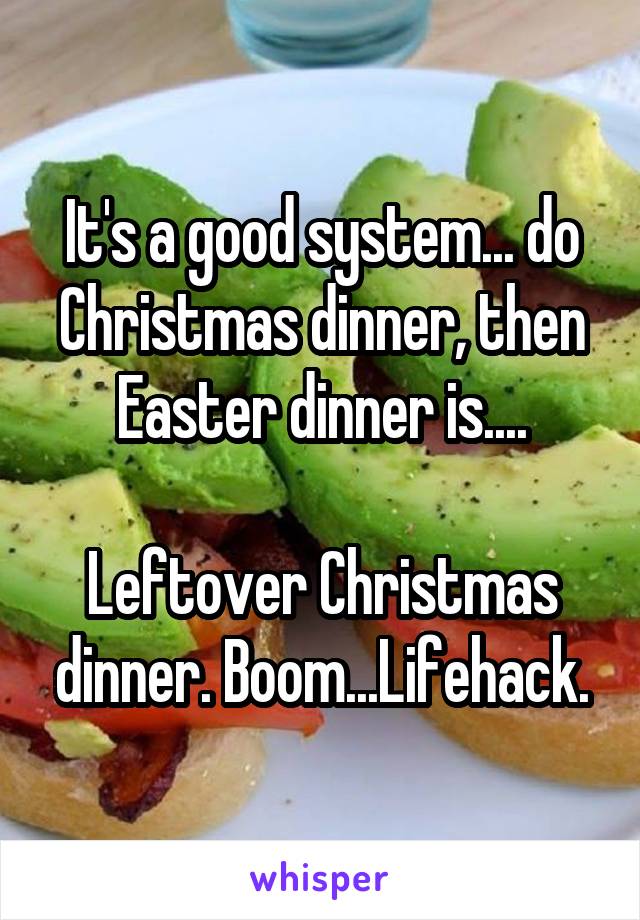 It's a good system... do Christmas dinner, then Easter dinner is....

Leftover Christmas dinner. Boom...Lifehack.