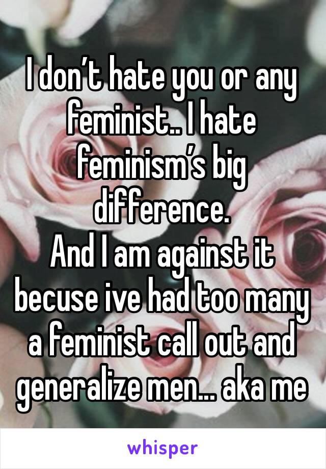 I don’t hate you or any feminist.. I hate feminism’s big difference. 
And I am against it becuse ive had too many a feminist call out and generalize men... aka me
