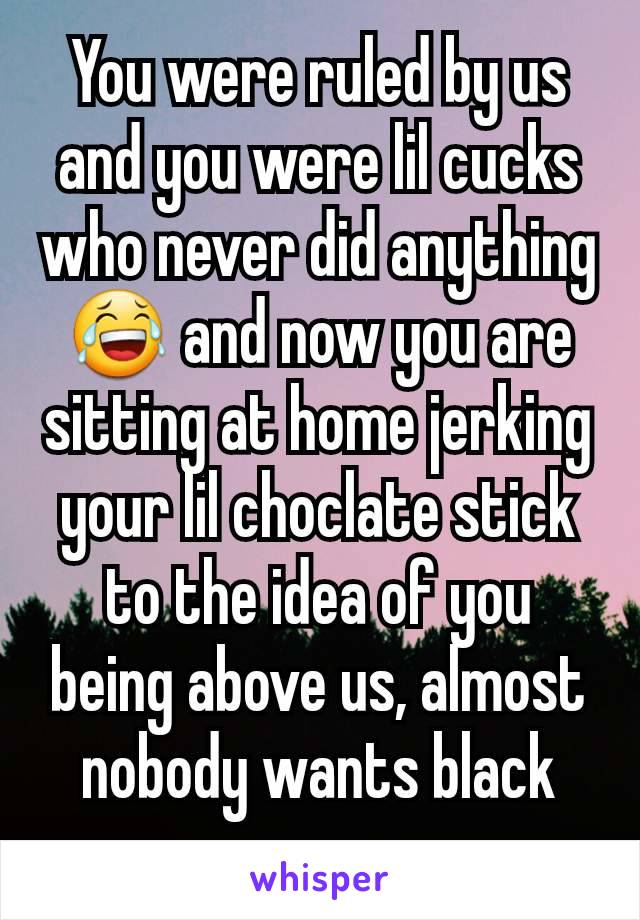 You were ruled by us and you were lil cucks who never did anything 😂 and now you are sitting at home jerking your lil choclate stick to the idea of you being above us, almost nobody wants black guys.