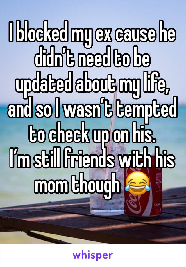 I blocked my ex cause he didn’t need to be updated about my life, and so I wasn’t tempted to check up on his. 
I’m still friends with his mom though 😂