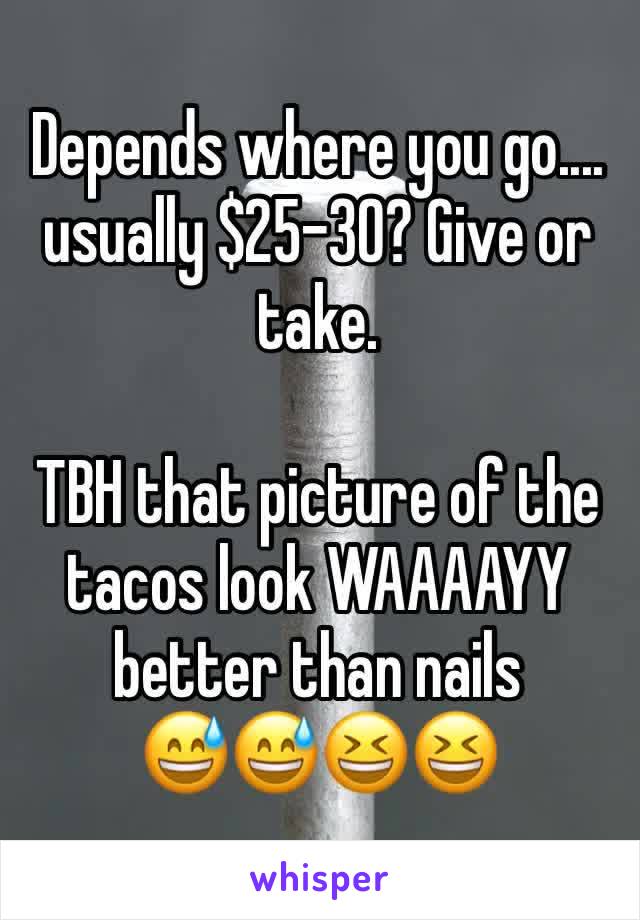 Depends where you go.... usually $25-30? Give or take. 

TBH that picture of the tacos look WAAAAYY better than nails        😅😅😆😆
