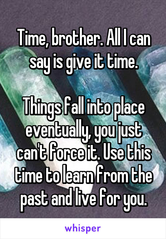 Time, brother. All I can say is give it time.

Things fall into place eventually, you just can't force it. Use this time to learn from the past and live for you.