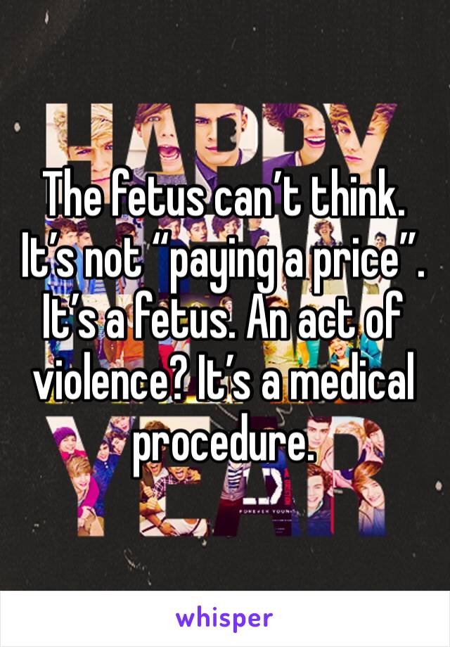 The fetus can’t think. It’s not “paying a price”. It’s a fetus. An act of violence? It’s a medical procedure. 