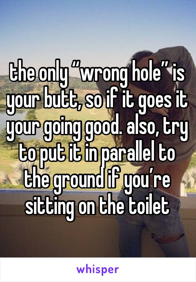 the only “wrong hole” is your butt, so if it goes it your going good. also, try to put it in parallel to the ground if you’re sitting on the toilet 
