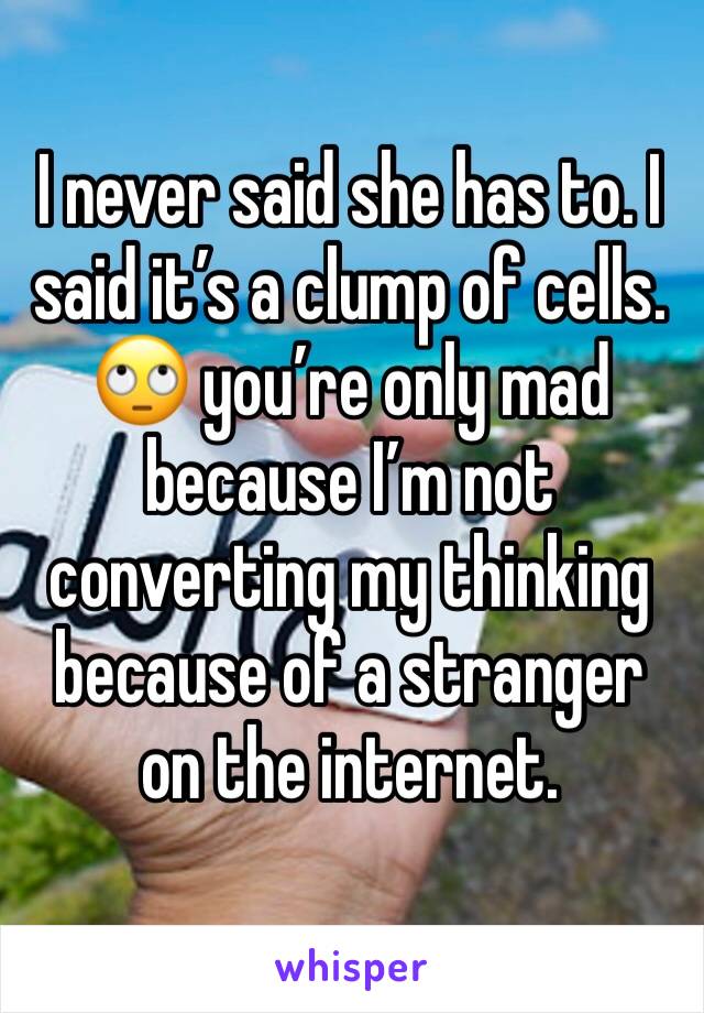 I never said she has to. I said it’s a clump of cells. 🙄 you’re only mad because I’m not converting my thinking because of a stranger on the internet.