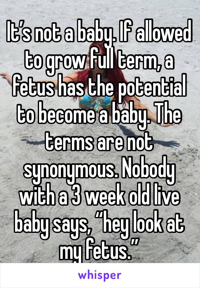 It’s not a baby. If allowed to grow full term, a fetus has the potential to become a baby. The terms are not synonymous. Nobody with a 3 week old live baby says, “hey look at my fetus.”